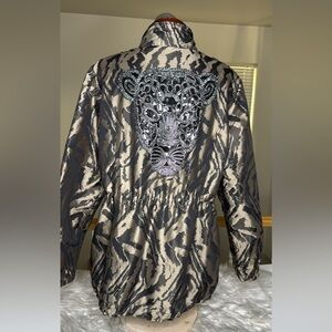 Tribal Black Tan Animal Print Jacket Tiger Back Embellishment Lightweight Unique